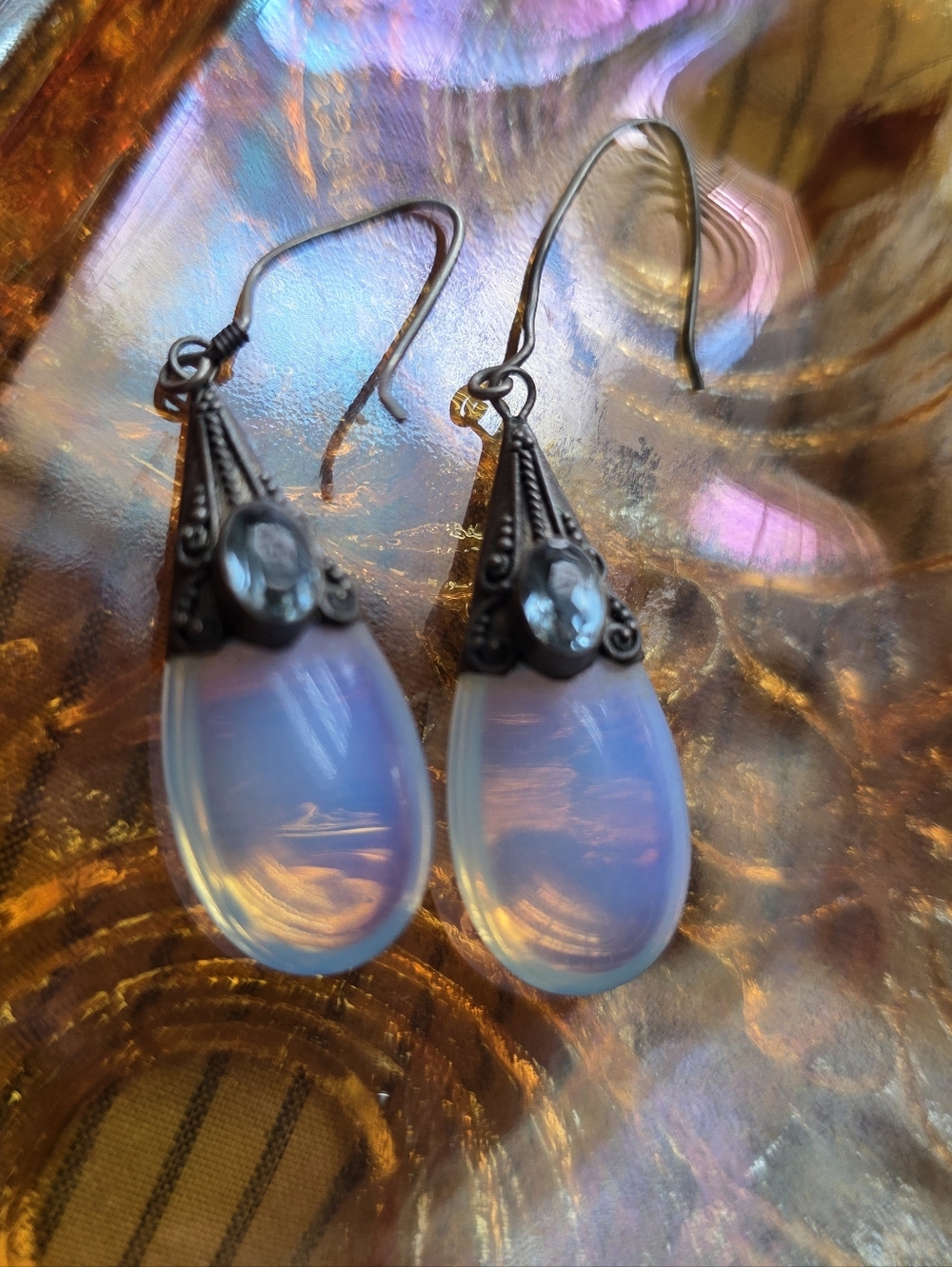 Vintage Moon Stone & Silver Teardrop Dangle Earrings
